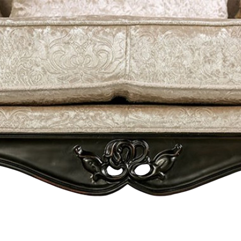 Paulo Loveseat Off White Fabric Carved Details Black Solid Wood 71 Inch By Casagear Home BM319510