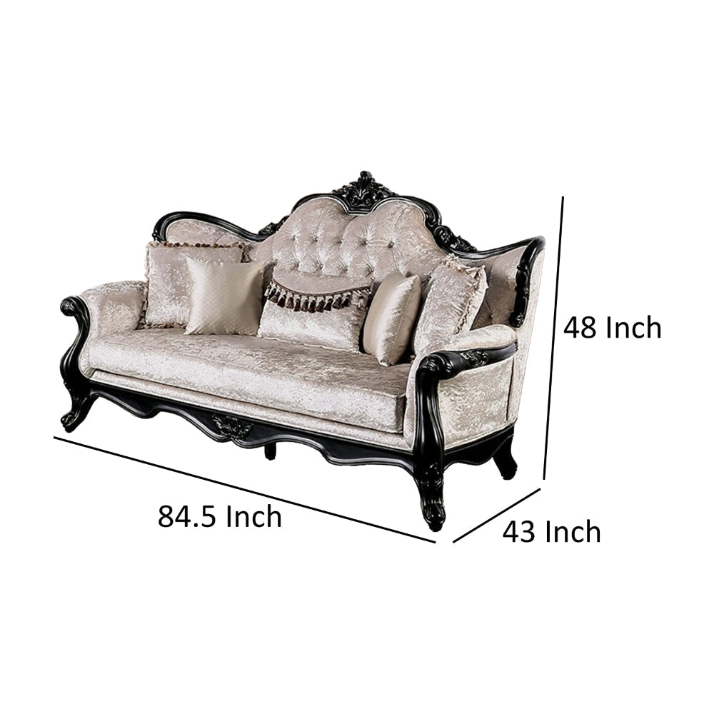 Paulo Sofa Off White Fabric Carved Details Black Solid Wood 85 Inch By Casagear Home BM319511