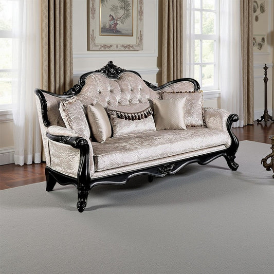 Paulo Sofa, Off White Fabric, Carved Details, Black Solid Wood, 85 Inch By Casagear Home
