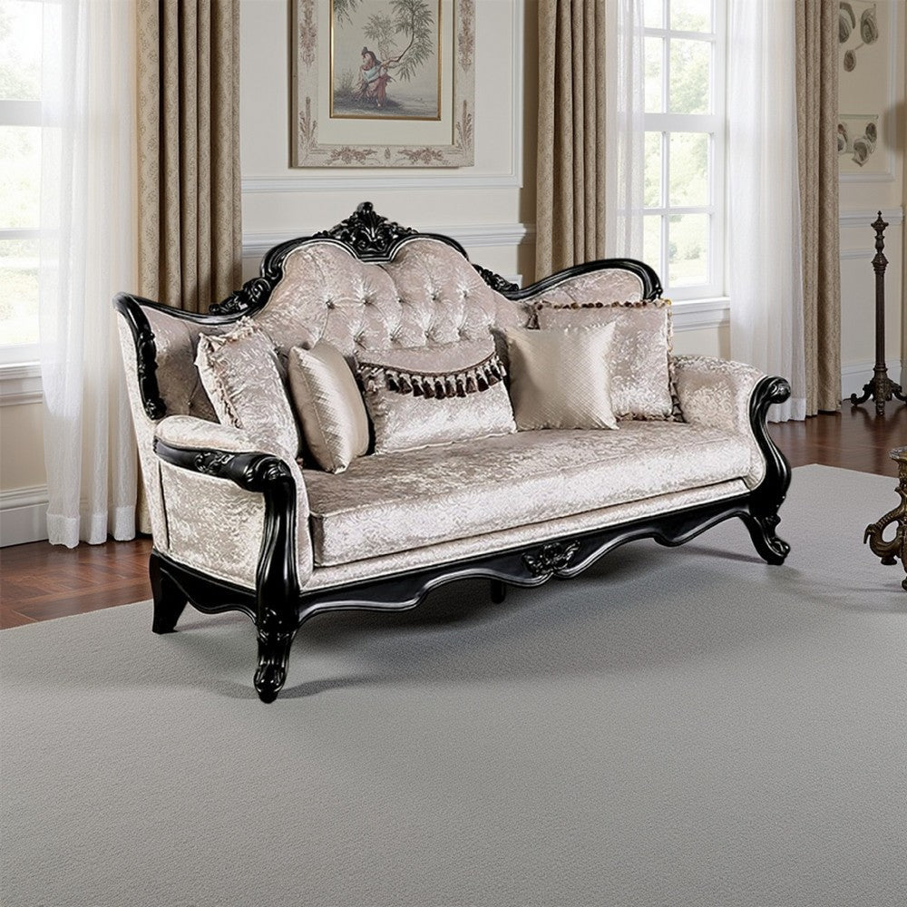 Paulo Sofa, Off White Fabric, Carved Details, Black Solid Wood, 85 Inch By Casagear Home