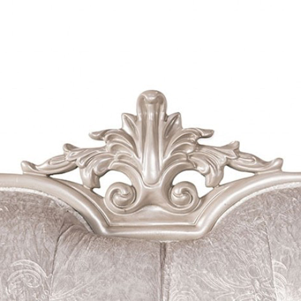 Paulo 71 Inch Loveseat Off White Fabric Carved Details Silver Solid Wood By Casagear Home BM319512