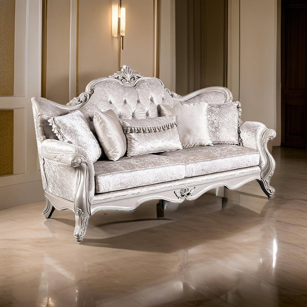 Paulo 85 Inch Sofa Off White Fabric Carved Silver Solid Wood Frame By Casagear Home BM319513