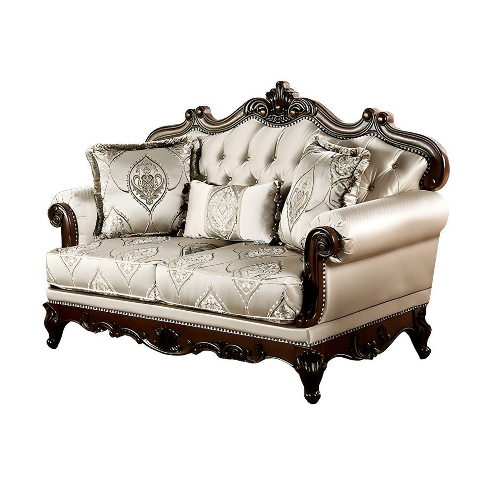 Vera Loveseat Tufted Beige Rolled Arms Cherry Brown Solid Wood 70 Inch By Casagear Home BM319514