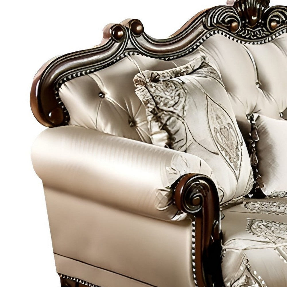 Vera Loveseat Tufted Beige Rolled Arms Cherry Brown Solid Wood 70 Inch By Casagear Home BM319514