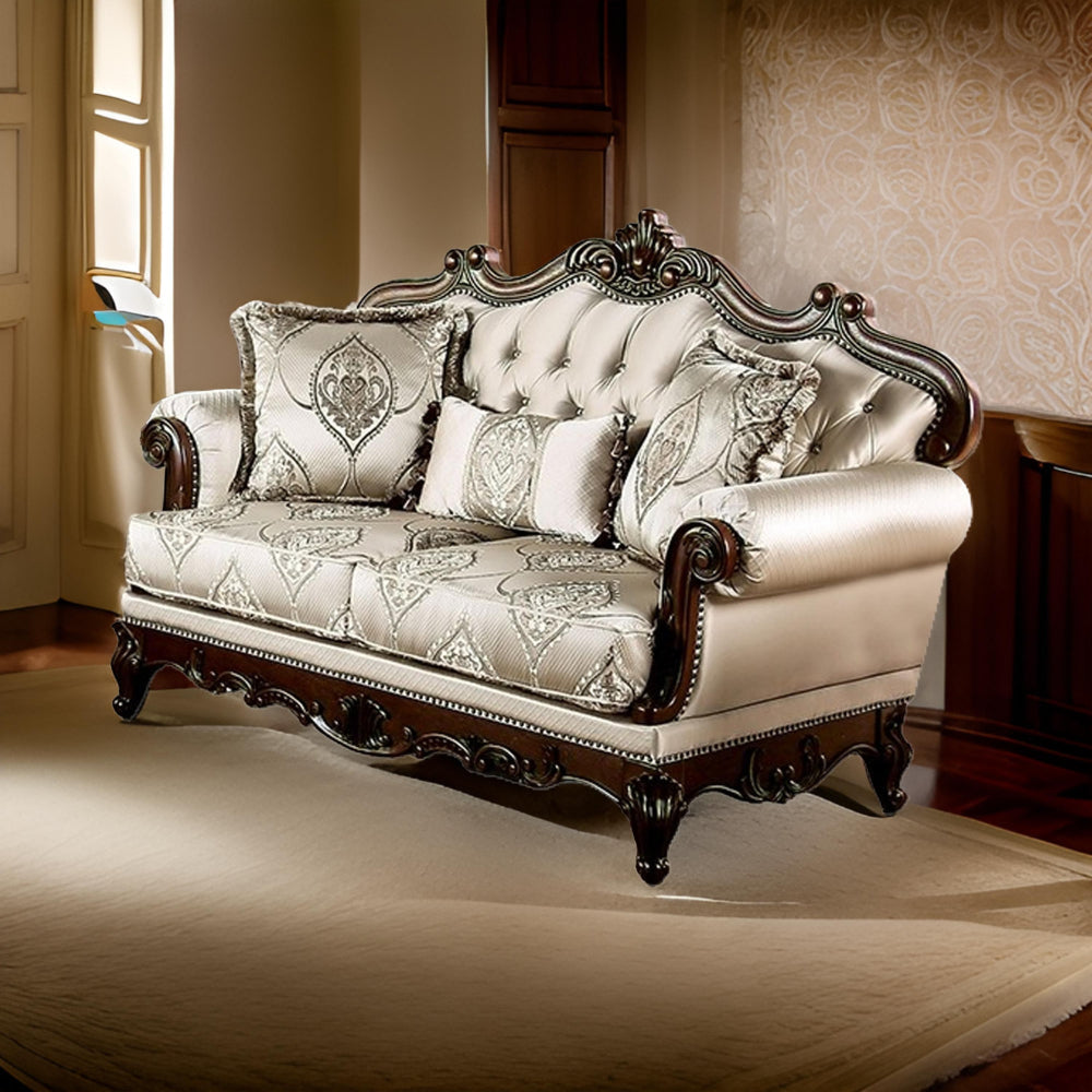 Vera Loveseat Tufted Beige Rolled Arms Cherry Brown Solid Wood 70 Inch By Casagear Home BM319514