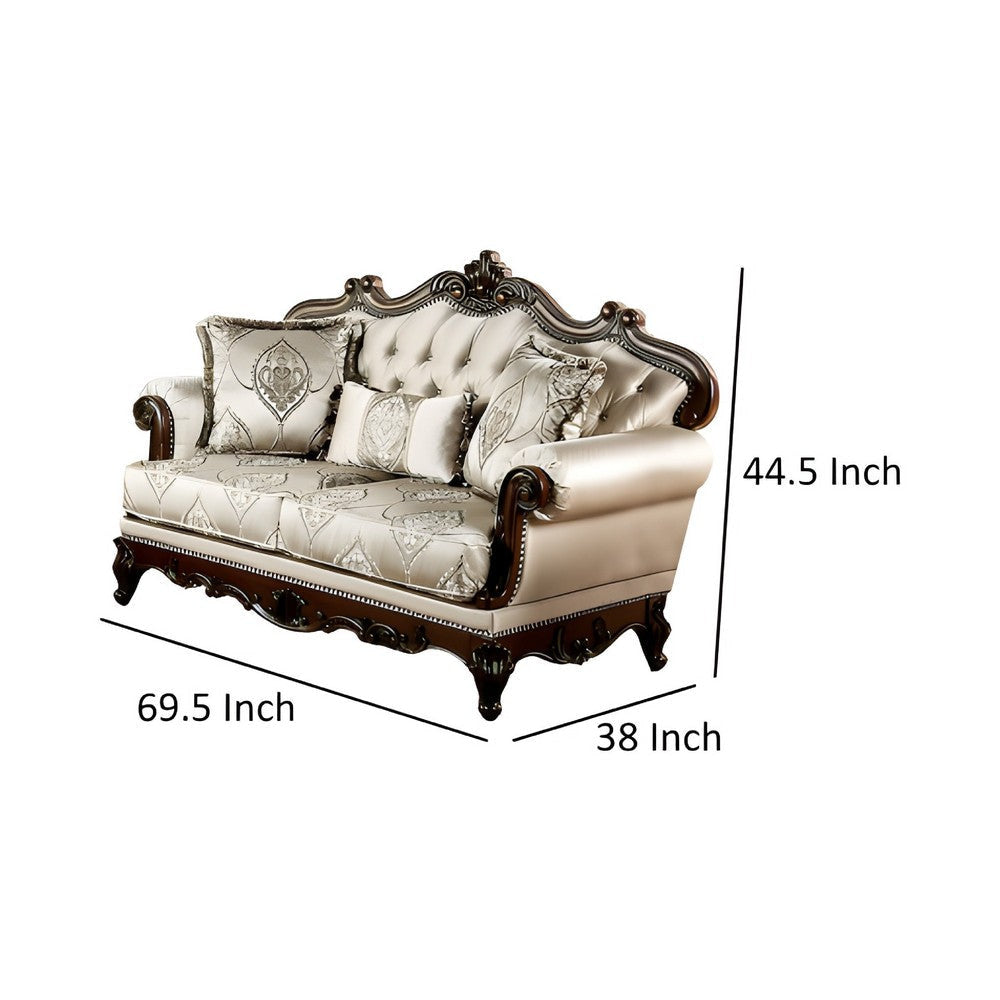 Vera Loveseat Tufted Beige Rolled Arms Cherry Brown Solid Wood 70 Inch By Casagear Home BM319514