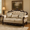 Vera Loveseat Tufted Beige Rolled Arms Cherry Brown Solid Wood 70 Inch By Casagear Home BM319514