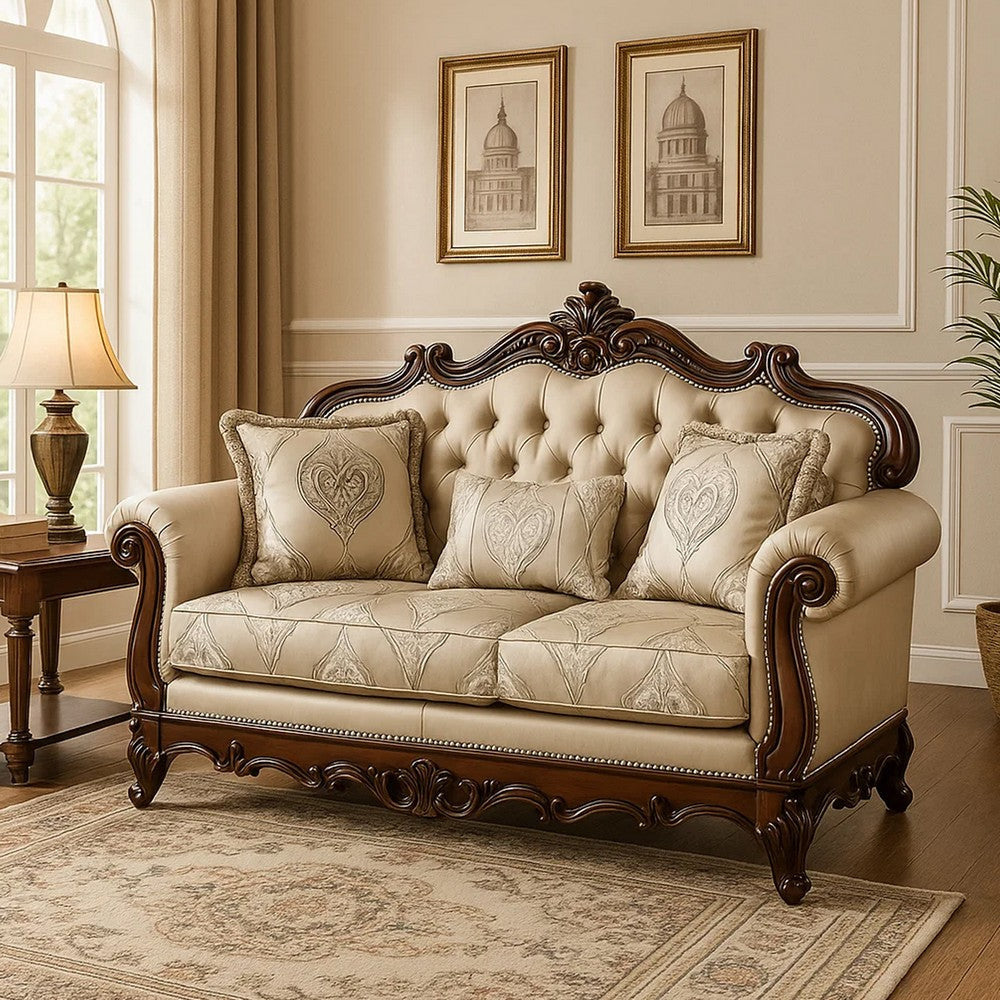 Vera Loveseat Tufted Beige Rolled Arms Cherry Brown Solid Wood 70 Inch By Casagear Home BM319514