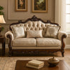Vera Loveseat, Tufted Beige, Rolled Arms, Cherry Brown Solid Wood, 70 Inch By Casagear Home