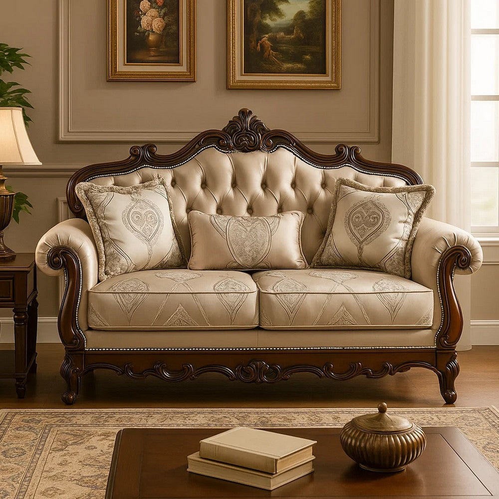 Vera Loveseat, Tufted Beige, Rolled Arms, Cherry Brown Solid Wood, 70 Inch By Casagear Home