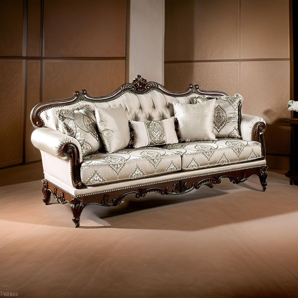 Vera 90 Inch Sofa, Button Tufted Beige Rolled Arms, Cherry Brown Solid Wood By Casagear Home