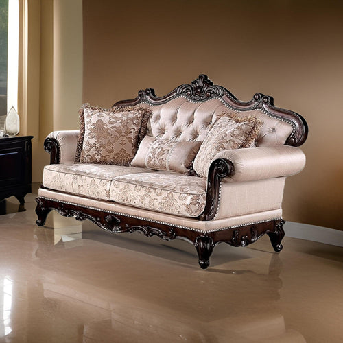 Vera Loveseat, Tufted, Rolled Arms, Cherry Brown Solid Wood, 70 Inch By Casagear Home