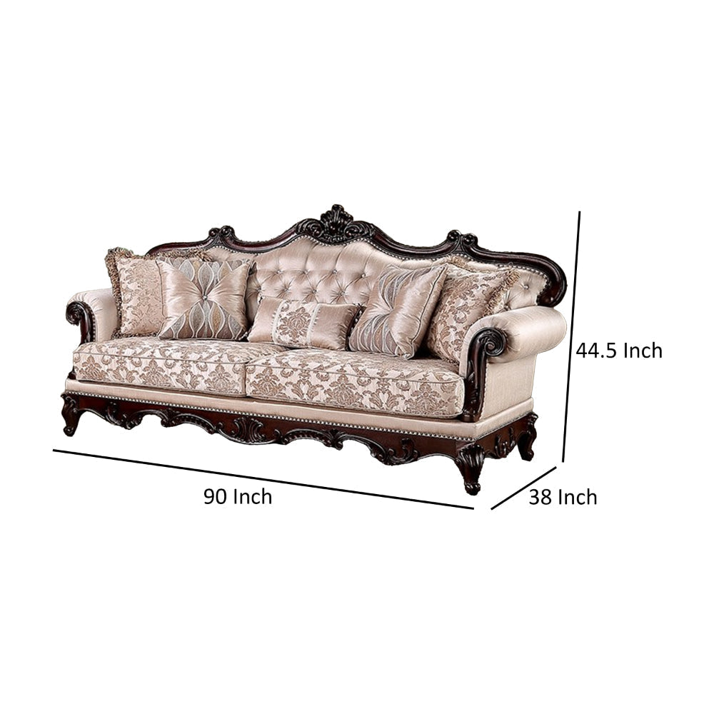 Vera 90 Inch Sofa Button Tufted Rolled Arms Cherry Brown Solid Wood By Casagear Home BM319517