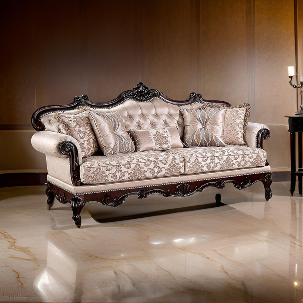 Vera 90 Inch Sofa, Button Tufted, Rolled Arms, Cherry Brown Solid Wood By Casagear Home