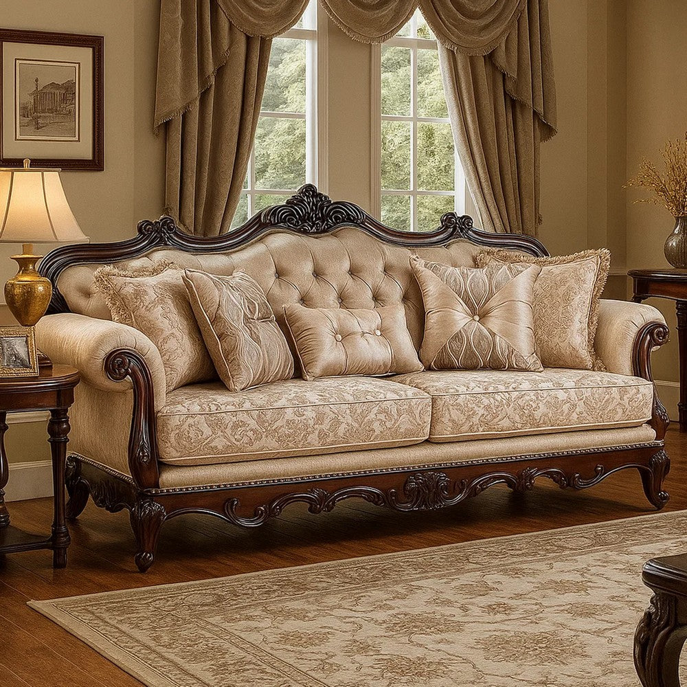 Vera 90 Inch Sofa, Button Tufted, Rolled Arms, Cherry Brown Solid Wood By Casagear Home