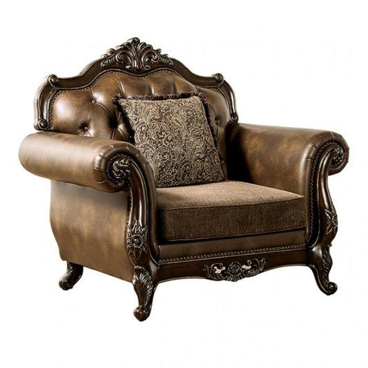 Sena Accent Chair, Dark Faux Leather, Rolled Arms, Cherry Brown Solid Wood By Casagear Home