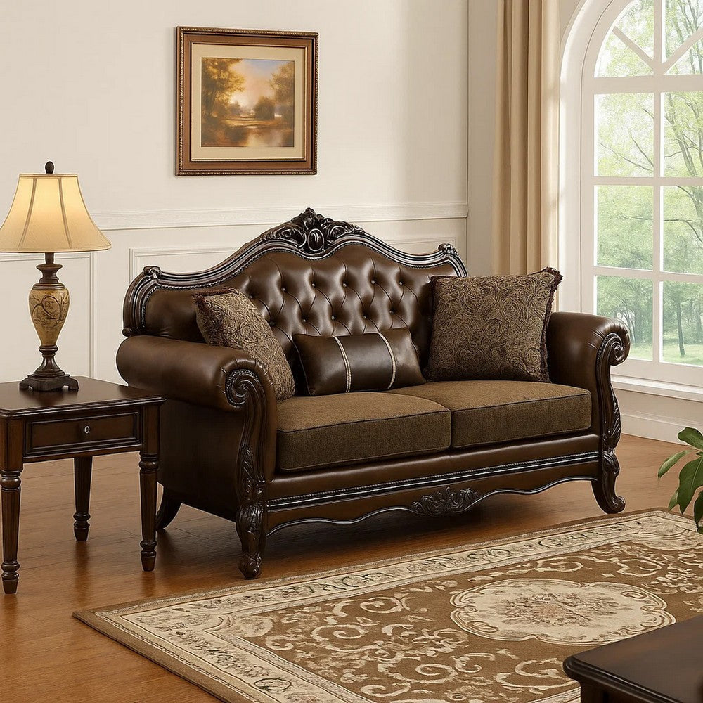 Sena Loveseat Faux Leather Rolled Arms Cherry Brown Solid Wood 74 Inch By Casagear Home BM319519