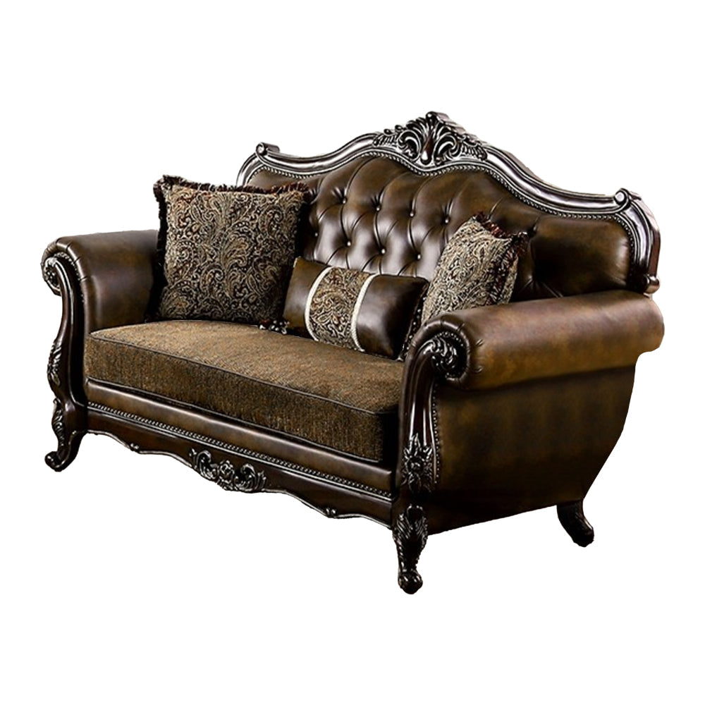 Sena Loveseat, Faux Leather, Rolled Arms, Cherry Brown Solid Wood, 74 Inch By Casagear Home