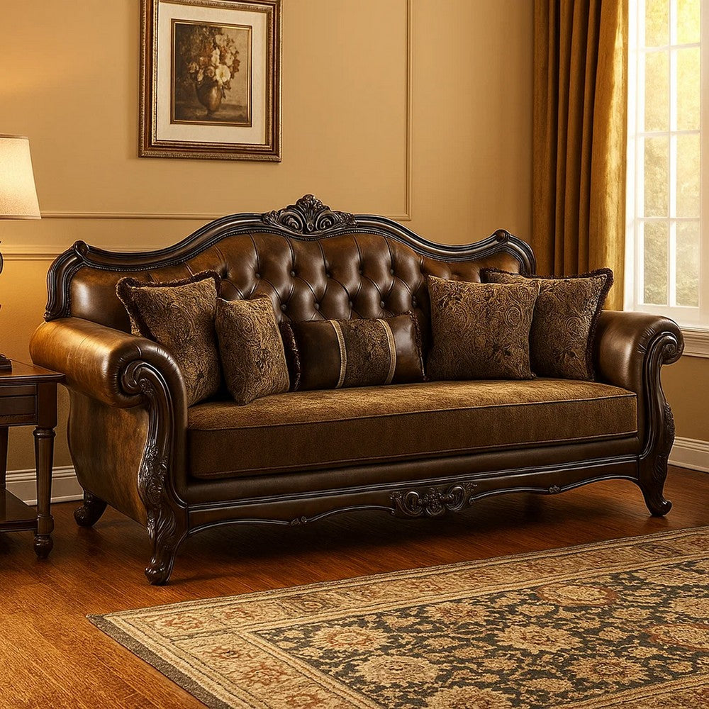 Sena 90 Inch Sofa, Faux Leather, Rolled Arms, Cherry Brown Solid Wood By Casagear Home