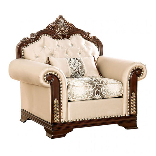 Catie Accent Chair, Beige Rolled Arms, Nailhead, Cherry Brown Solid Wood By Casagear Home