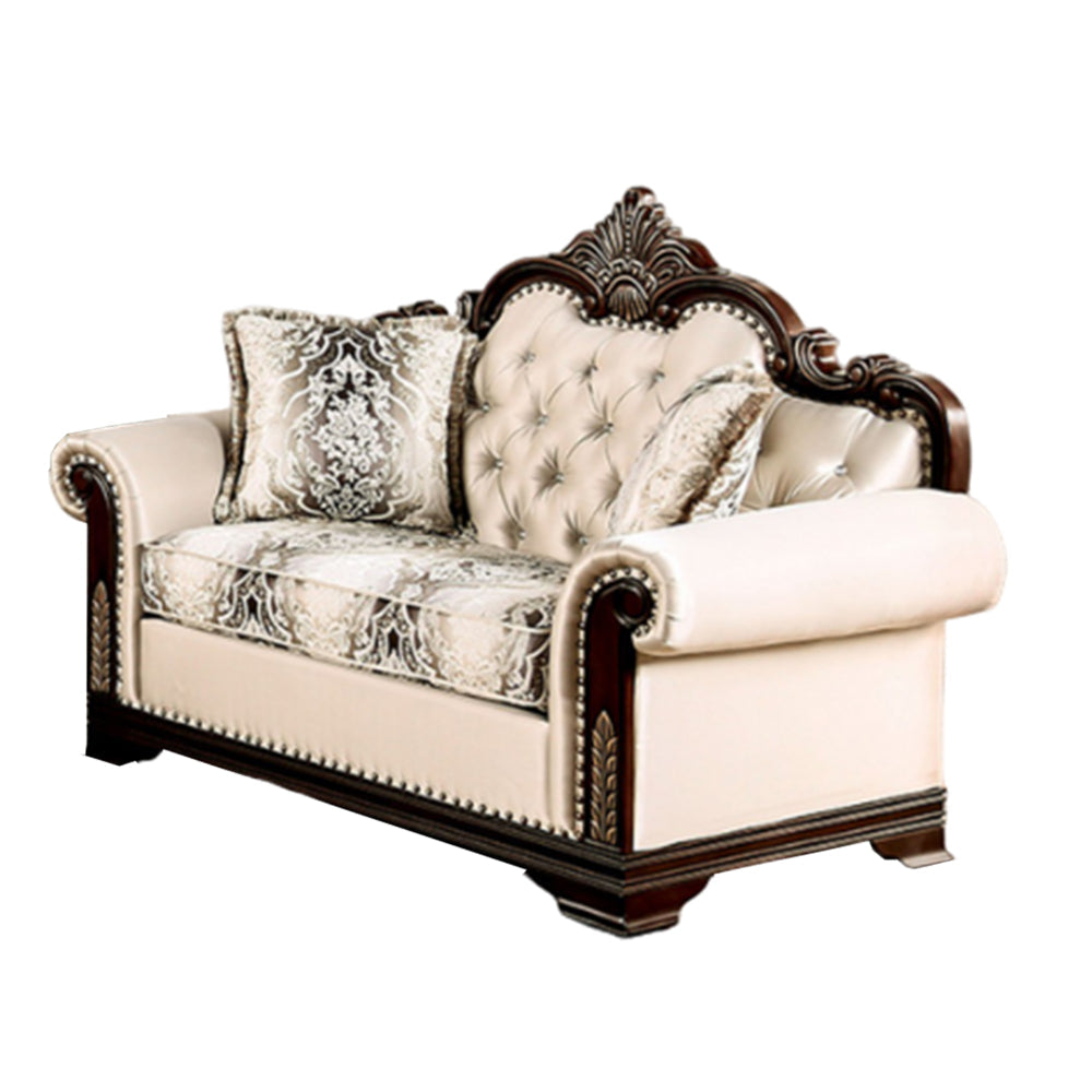 Catie 66 Inch Loveseat, Beige, Nailhead Trim, Cherry Brown Solid Wood By Casagear Home