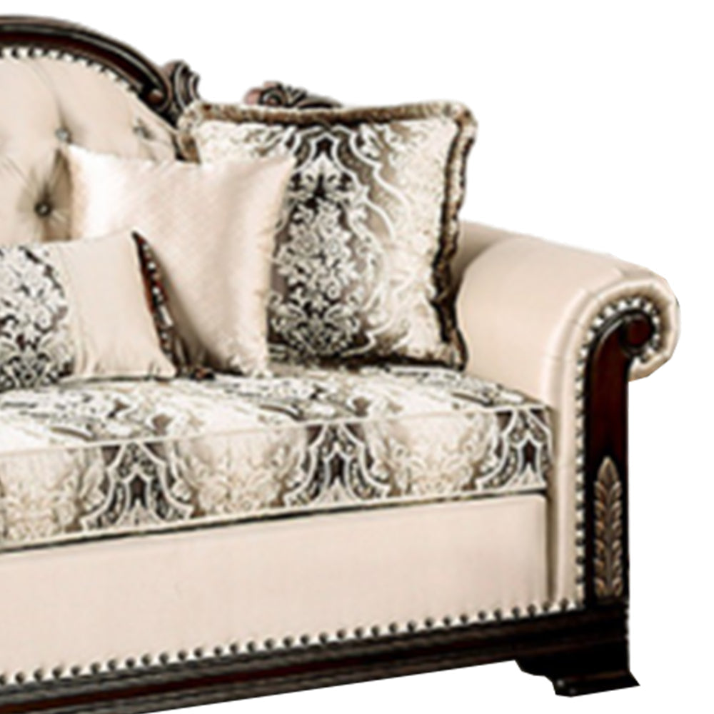 Catie 87 Inch Sofa Nailhead Beige Rolled Arms Cherry Brown Solid Wood By Casagear Home BM319523