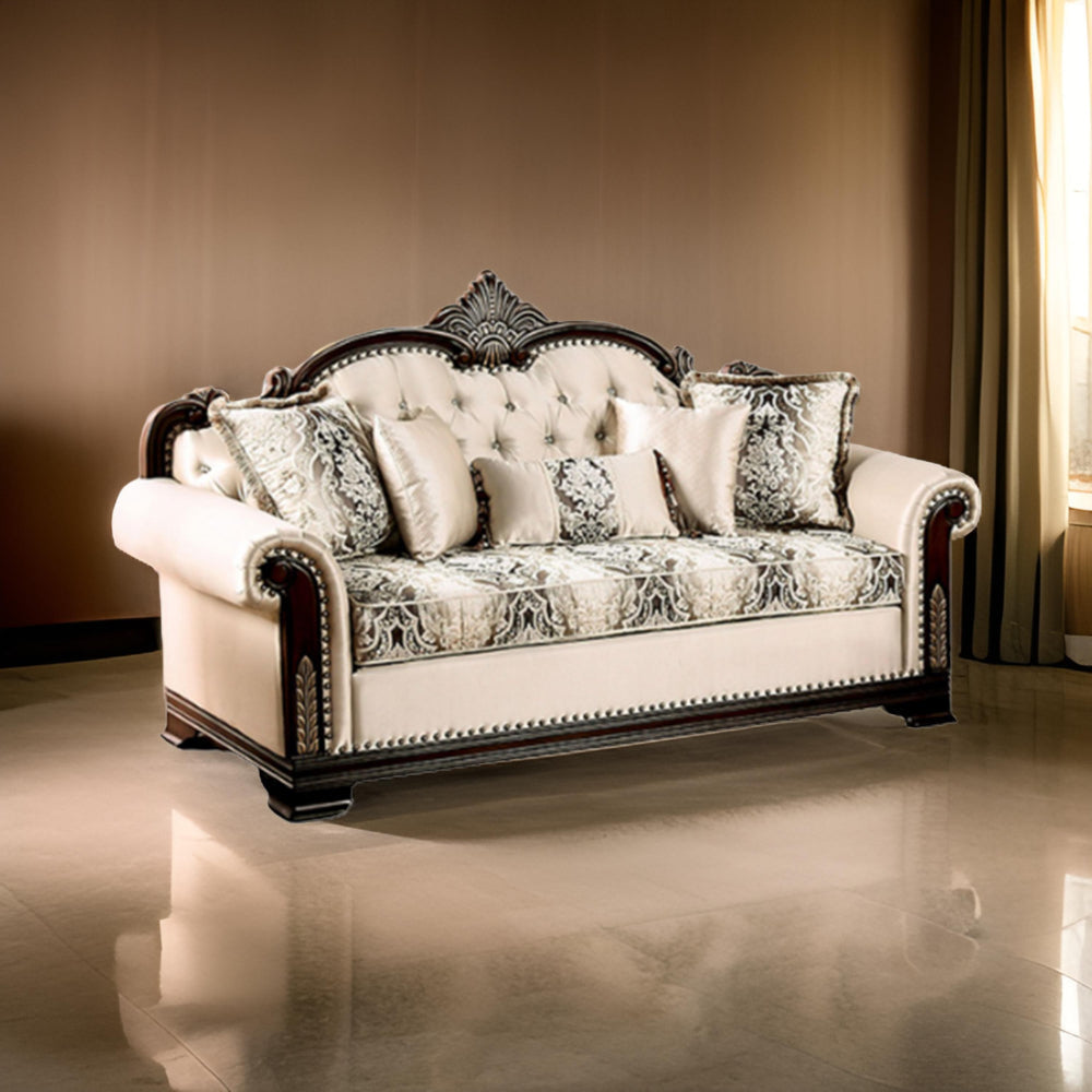 Catie 87 Inch Sofa, Nailhead, Beige Rolled Arms, Cherry Brown Solid Wood By Casagear Home
