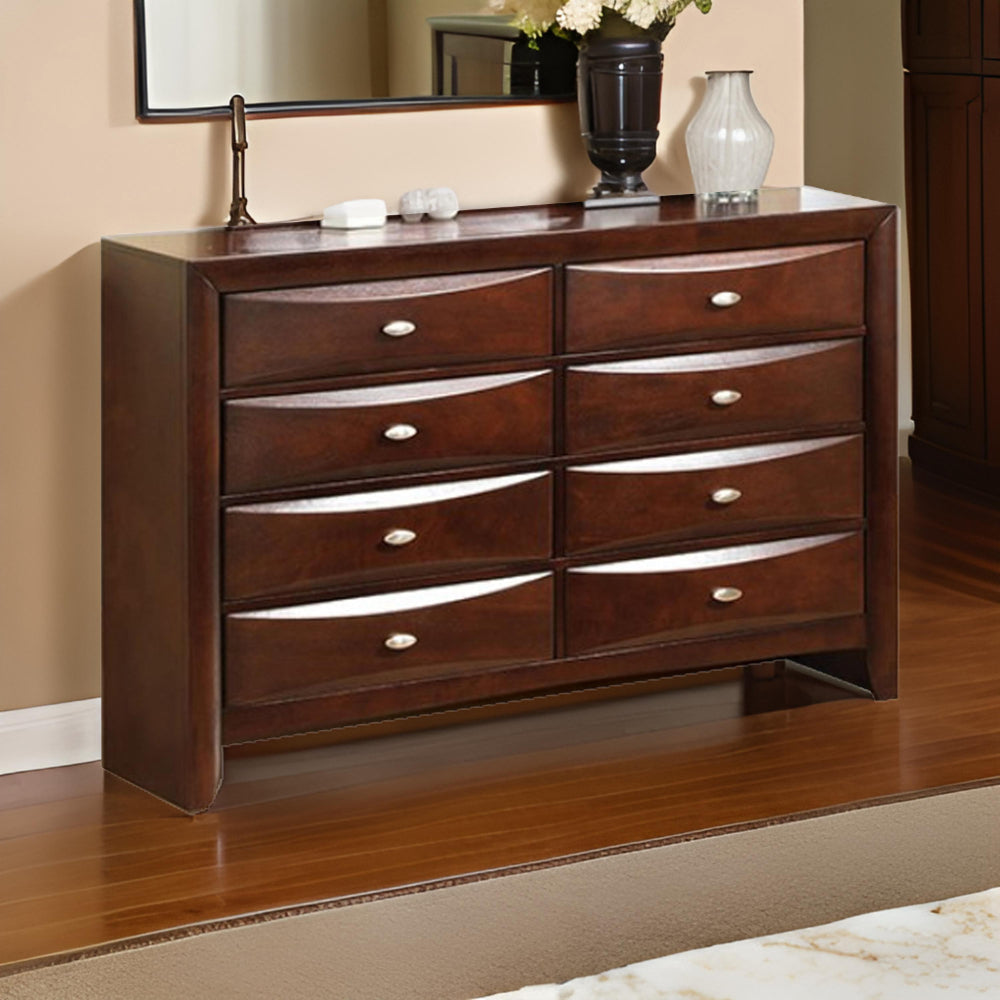 Simo Wide Dresser Nickel Metal Knobs 8 Drawers Cherry Brown Solid Wood By Casagear Home BM319526