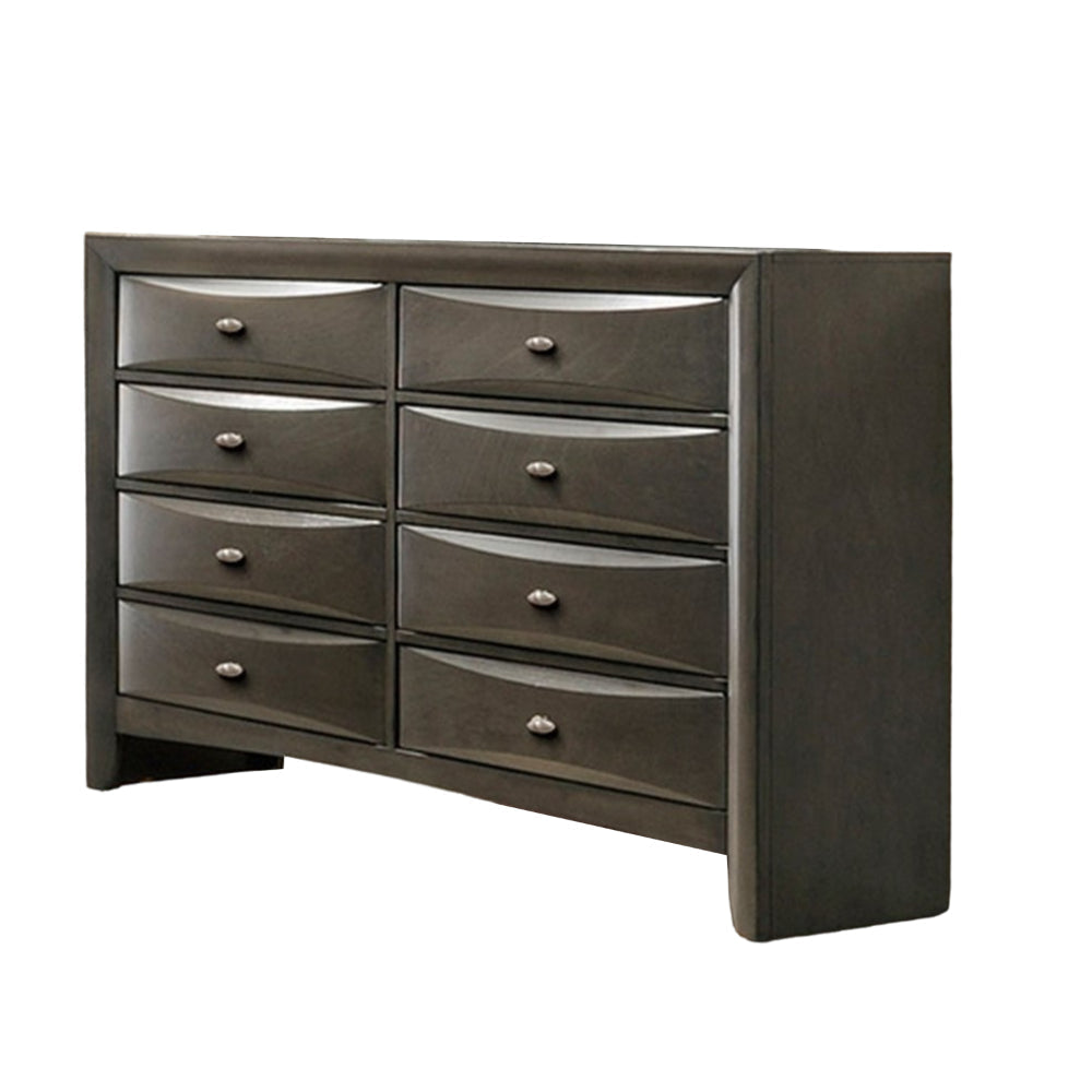 Simo Wide Dresser, Spacious Top, Metal Knobs, 8 Drawers, Gray Solid Wood Simo Wide Dresser, Spacious Top, Metal Knobs, 8 Drawers, Gray Solid Wood