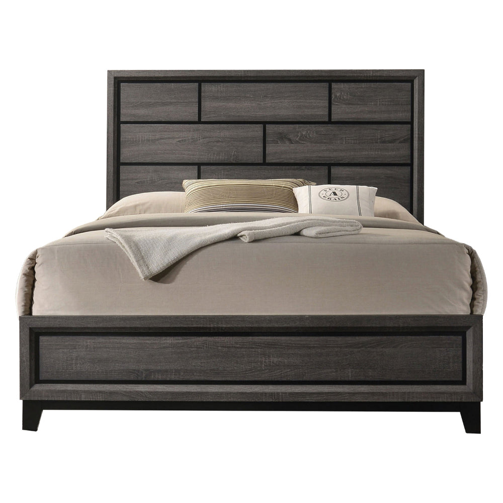 Erica King Size Bed, Gray and Black Wood Finish, Panel Style Headboard By Casagear Home