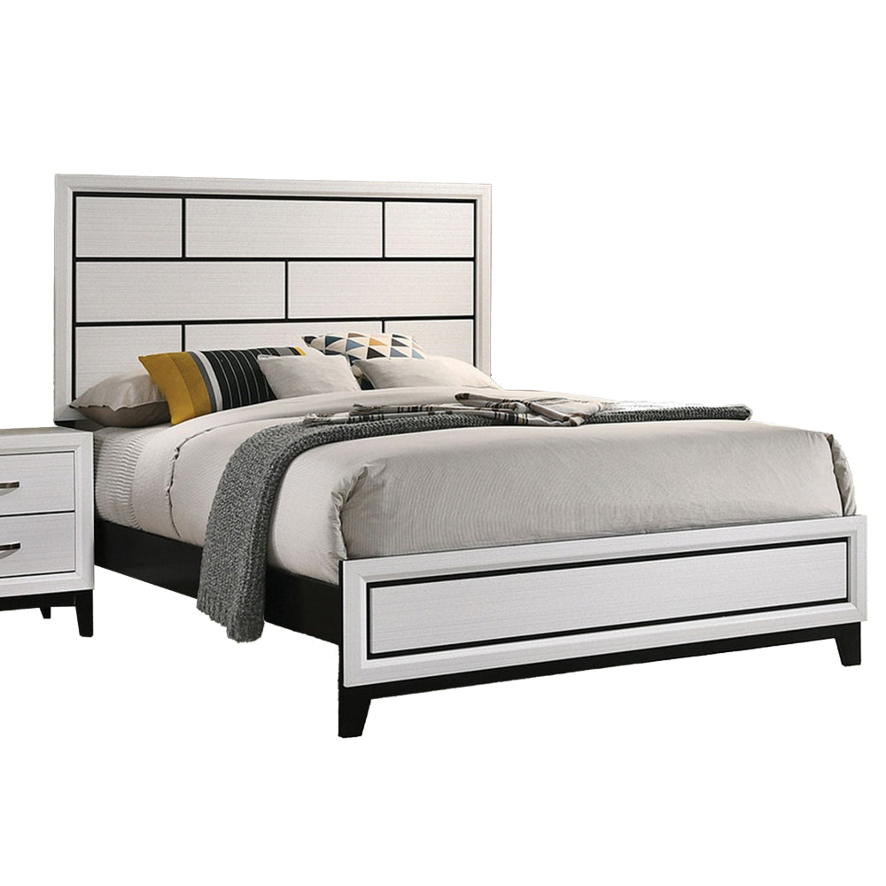 Erica King Size Bed, White and Black Wood Finish, Panel Style Headboard By Casagear Home