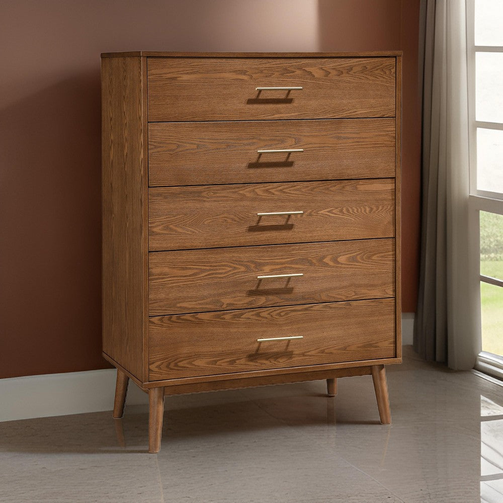 Roma Tall Dresser Chest 5 Drawers Nickel Handles Walnut Brown Solid Wood By Casagear Home BM319542