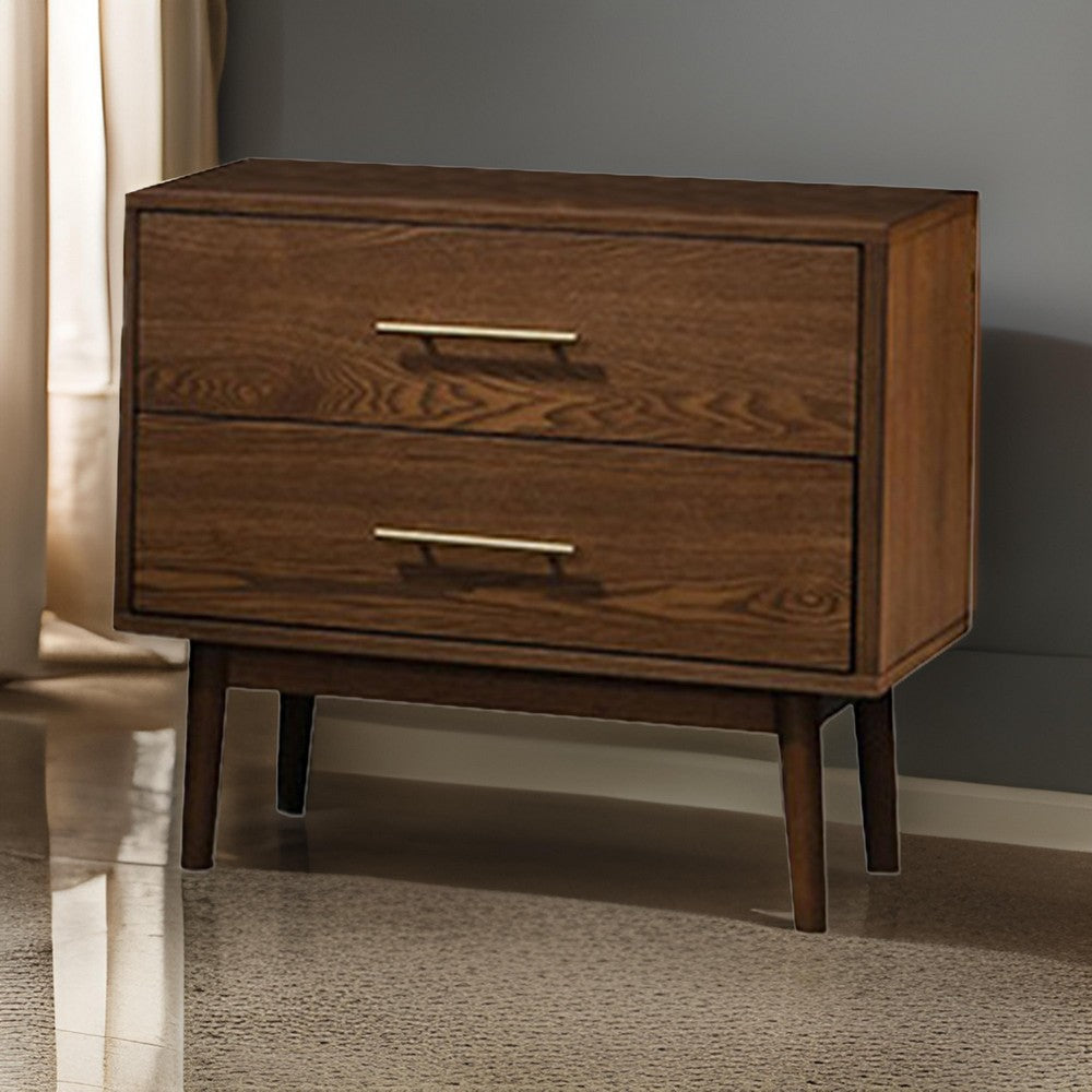 Roma Nightstand 2 Drawers Nickel Bar Handles Walnut Brown Solid Wood By Casagear Home BM319544