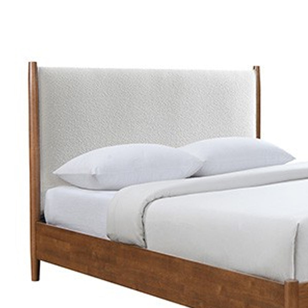 Carry Queen Bed Beige Boucle Upholstered Headboard Walnut Brown Solid Wood By Casagear Home BM319546