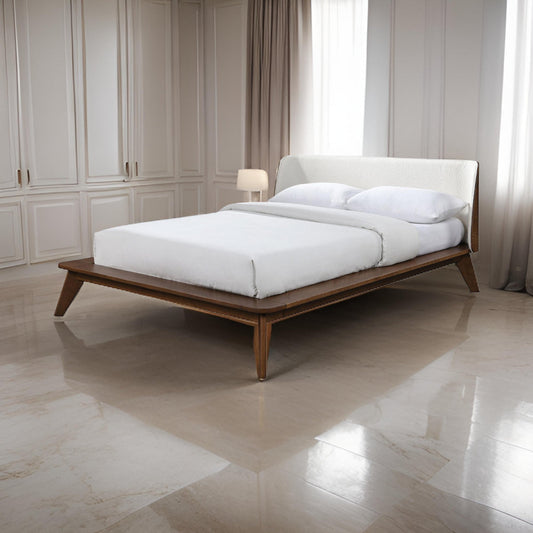 Linzy Queen Bed, Beige Boucle Upholstered Winged Edge, Brown Solid Wood By Casagear Home