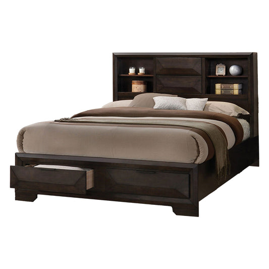 Costa Queen Bed w Bookcase Headboard, 2 Storage Drawers, Dark Brown Wood By Casagear Home