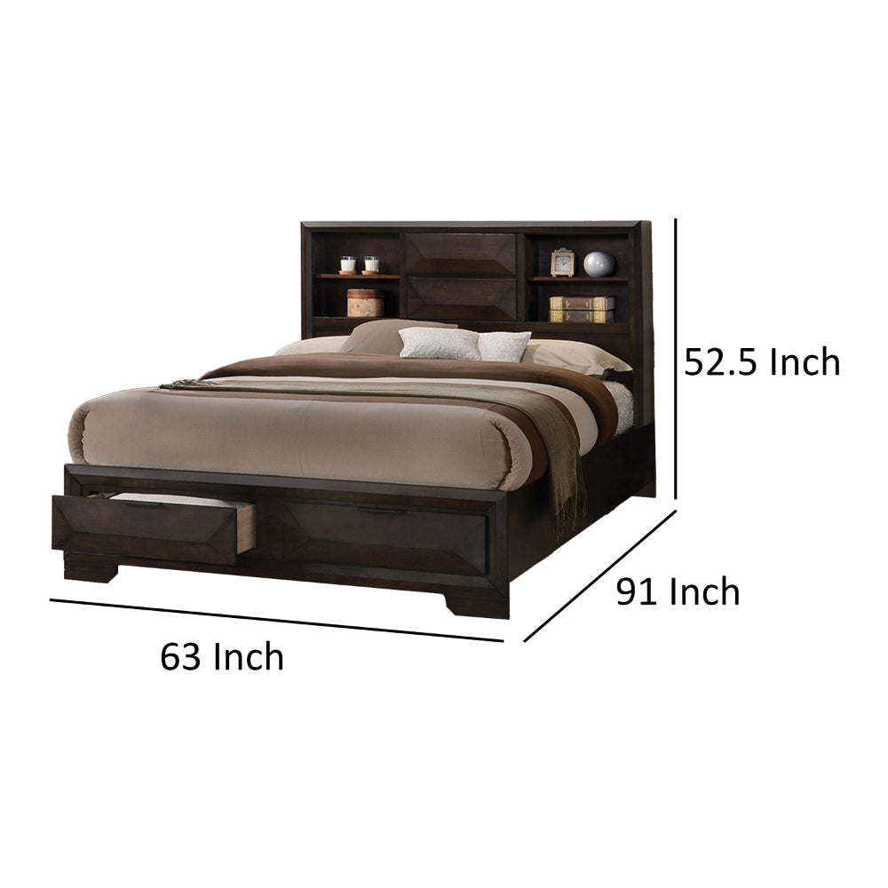 Costa Queen Bed w Bookcase Headboard 2 Storage Drawers Dark Brown Wood By Casagear Home BM319550