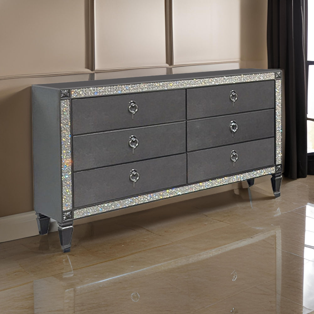 Laine Wide Dresser 6 Drawers Crystal Like Acrylic Trim Gray Solid Wood By Casagear Home BM319551