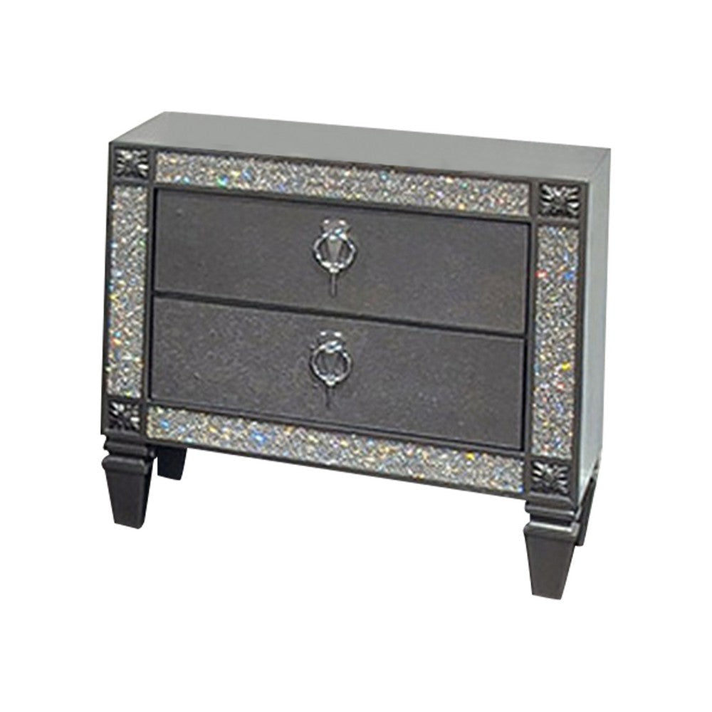 Laine Nightstand, 2 Drawers, Crystal Like Acrylic Trim, Gray Solid Wood By Casagear Home