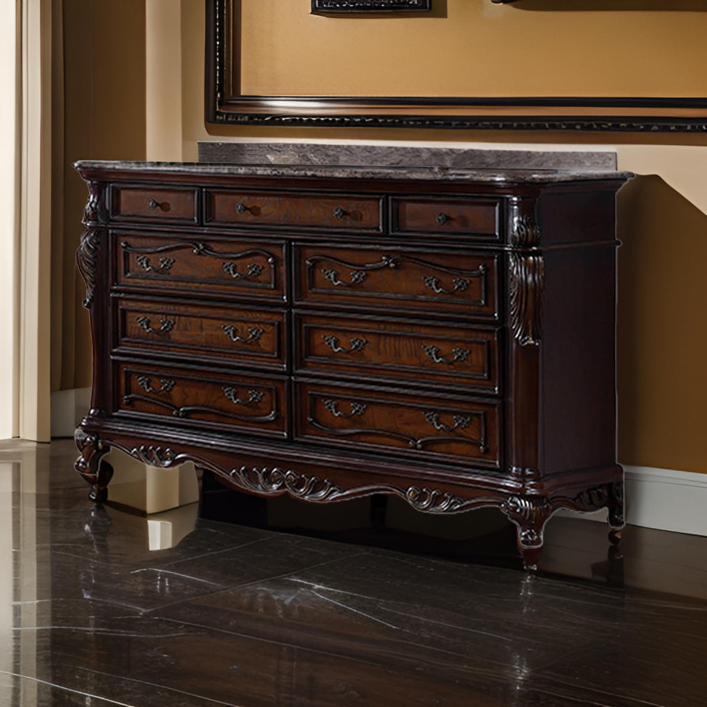 Venta Wide Dresser 9 Drawers Carved Details Cherry Brown Solid Wood Frame By Casagear Home BM319555