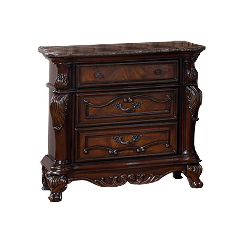 Venta Nightstand, 3 Drawers, Carved Details, Cherry Brown Solid Wood Frame By Casagear Home