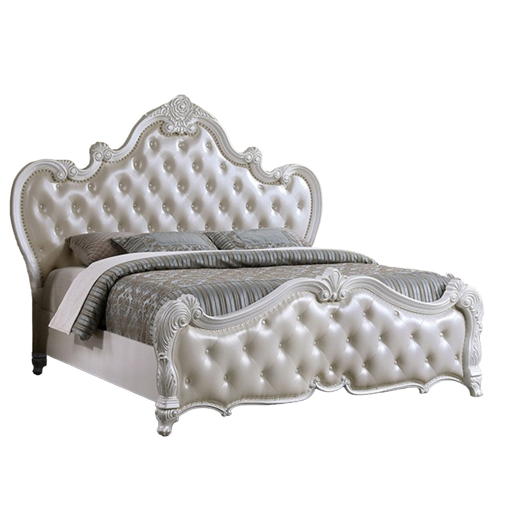 Venta Queen Size Bed, Pearl White Button Tufted Faux Leather Upholstery By Casagear Home