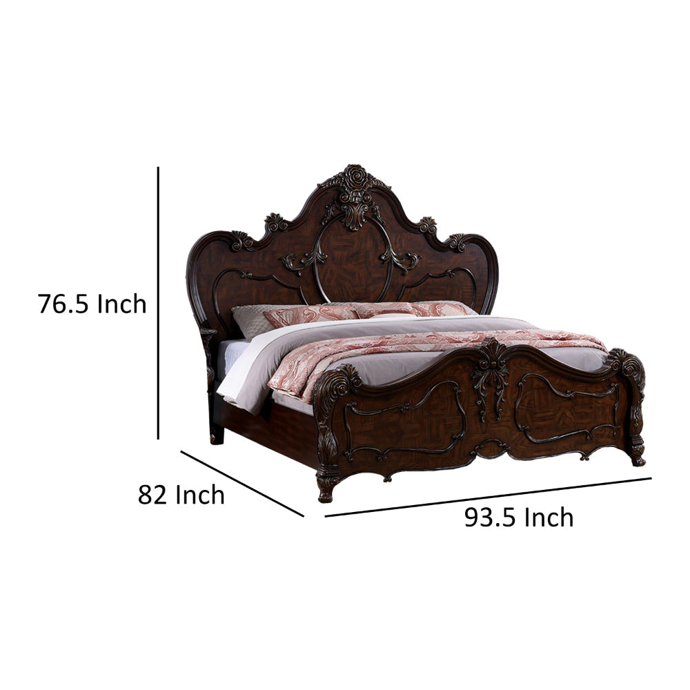 Rosy King Size Bed Carved Details Turned Legs Cherry Brown Solid Wood By Casagear Home BM319561