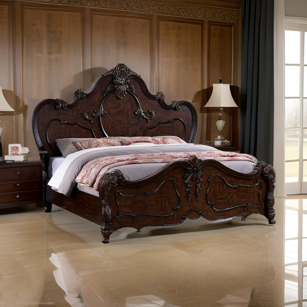 Rosy King Size Bed Carved Details Turned Legs Cherry Brown Solid Wood By Casagear Home BM319561