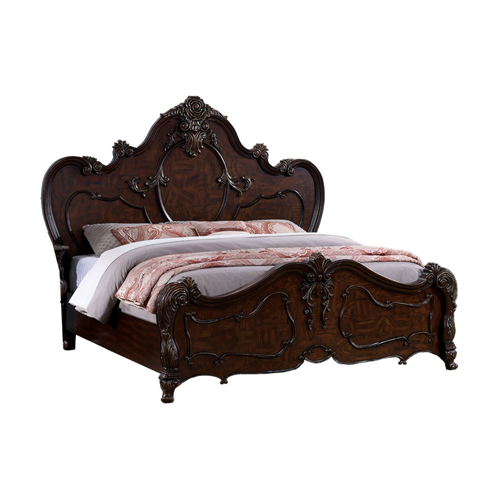 Rosy Queen Size Bed, Carved Details, Turned Legs, Cherry Brown Solid Wood  By Casagear Home