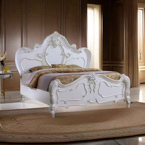 Rosy King Size Bed, Carved Details, Turned Legs, White Solid Wood Frame By Casagear Home