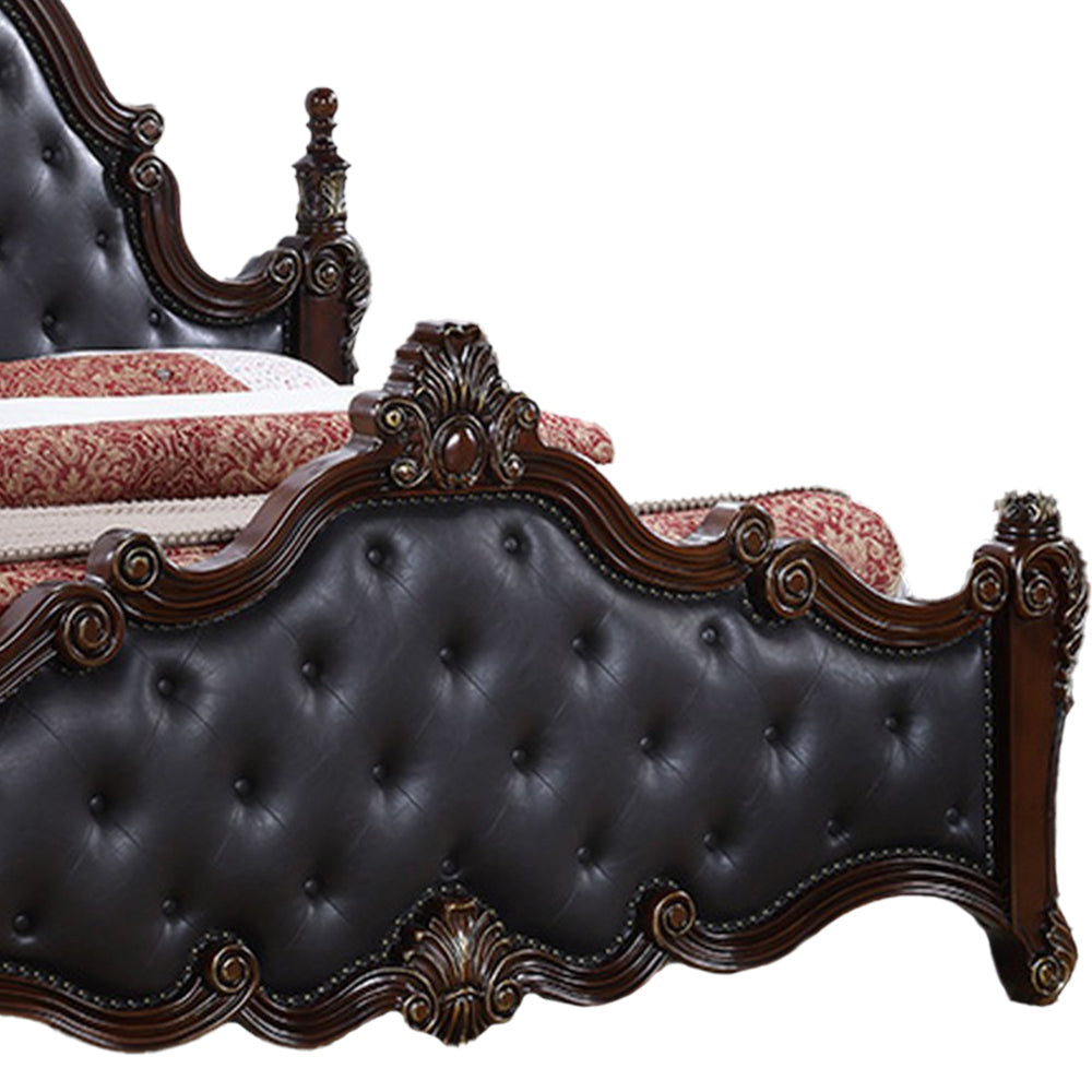 Moni King Bed Black Button Tufted Classical Upholstery Cherry Brown Wood By Casagear Home BM319565