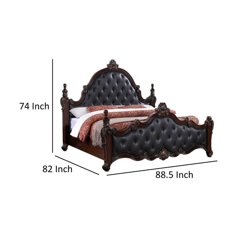 Moni King Bed Black Button Tufted Classical Upholstery Cherry Brown Wood By Casagear Home BM319565