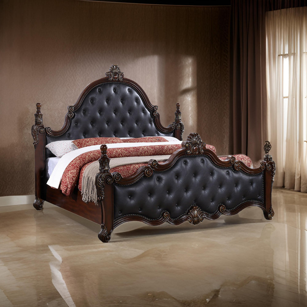 Moni King Bed Black Button Tufted Classical Upholstery Cherry Brown Wood By Casagear Home BM319565