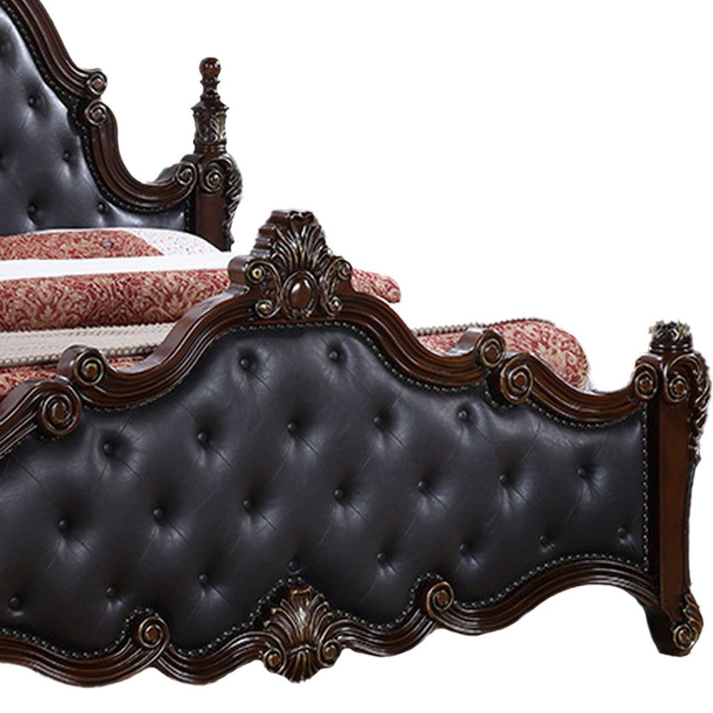 Moni Queen Bed Black Button Tufted Classical Upholstery Cherry Brown Wood By Casagear Home